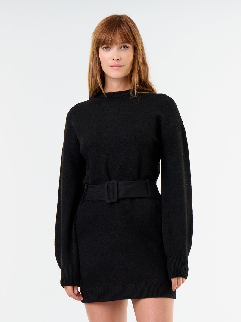 Vestido de malha com cinto Preto - Kiabi