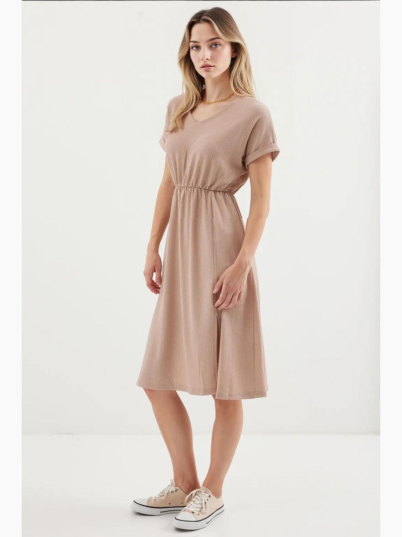 Vestido de malha com decote em v e racha bdart Bege claro - Kiabi