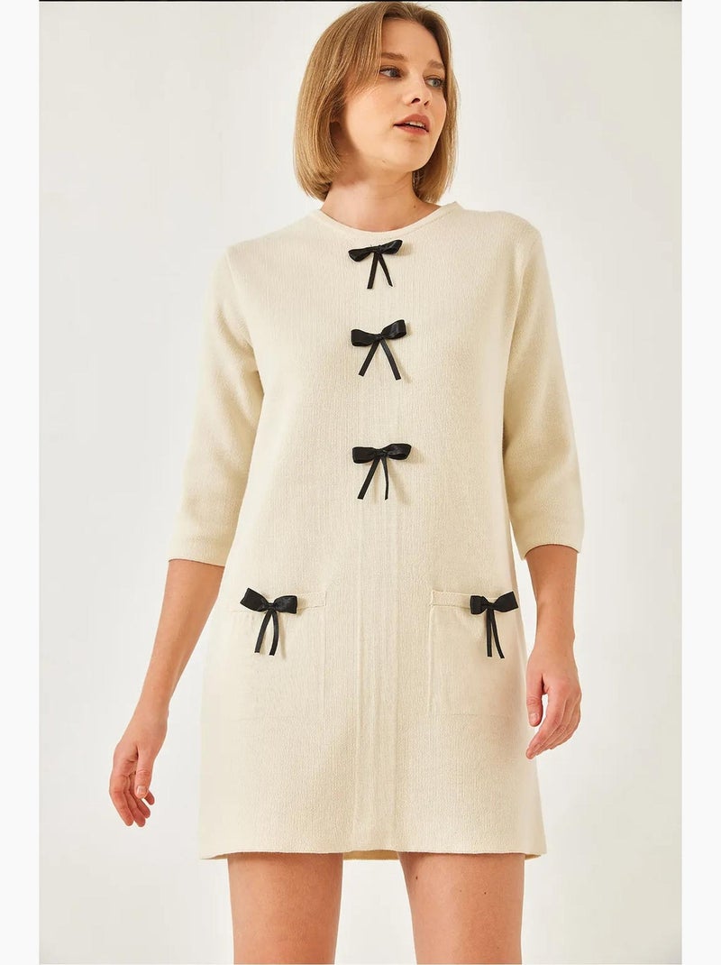 Vestido de malha com detalhe de laço lucci Bege-argila - Kiabi