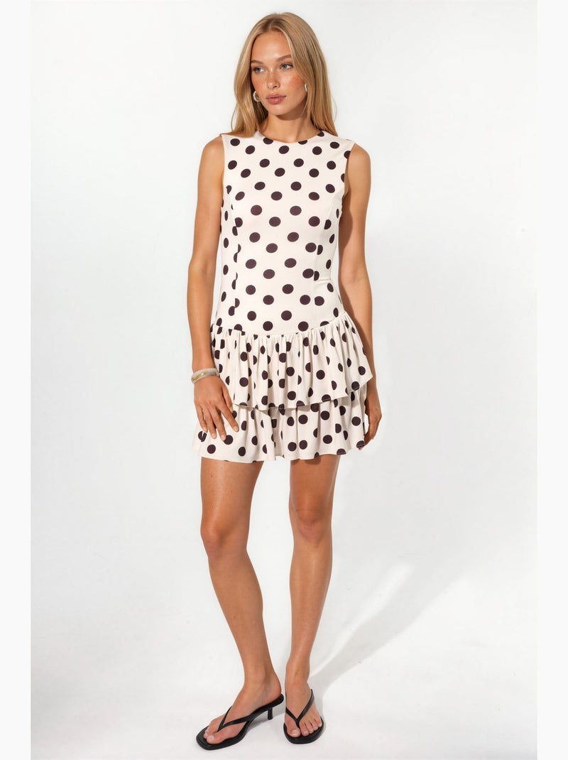 Vestido de malha com folhos sem mangas de bolinhas com shorts interiores hiccup Creme - Kiabi