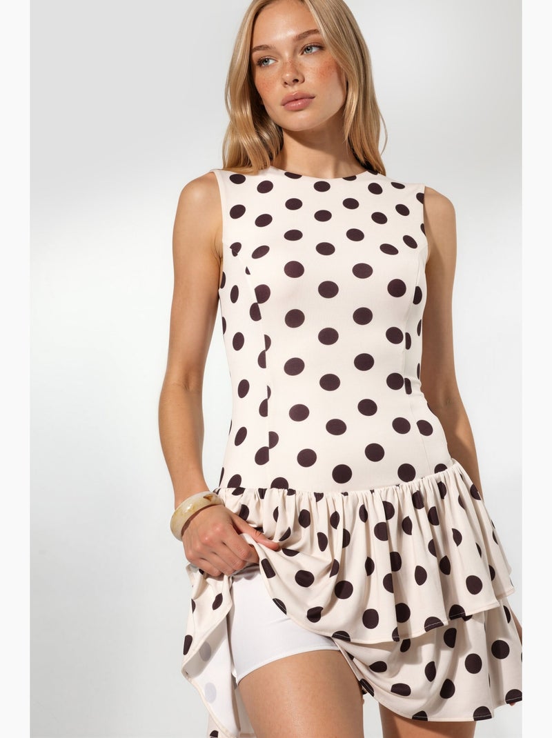 Vestido de malha com folhos sem mangas de bolinhas com shorts interiores hiccup Creme - Kiabi