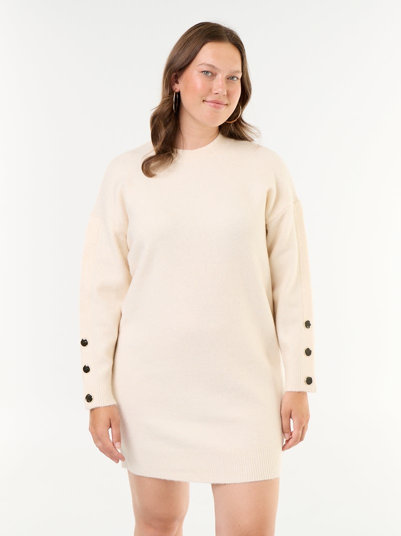 Vestido de malha com mangas abotoadas Bege - Kiabi