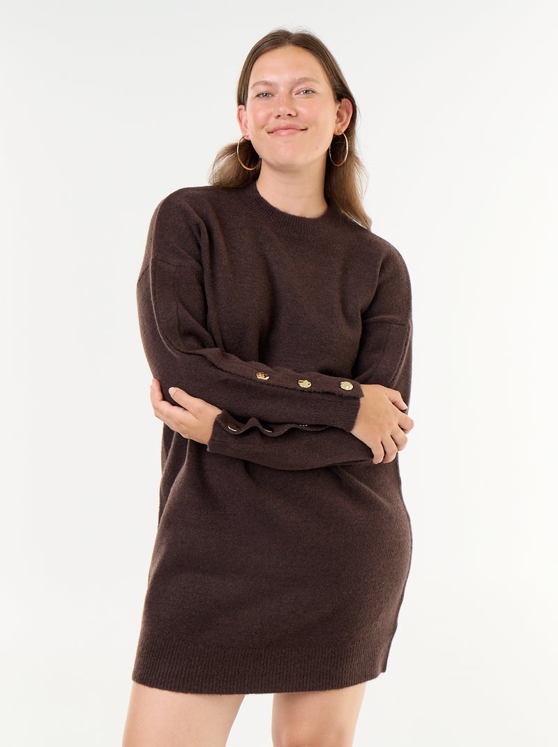 Vestido de malha com mangas abotoadas Castanho - Kiabi