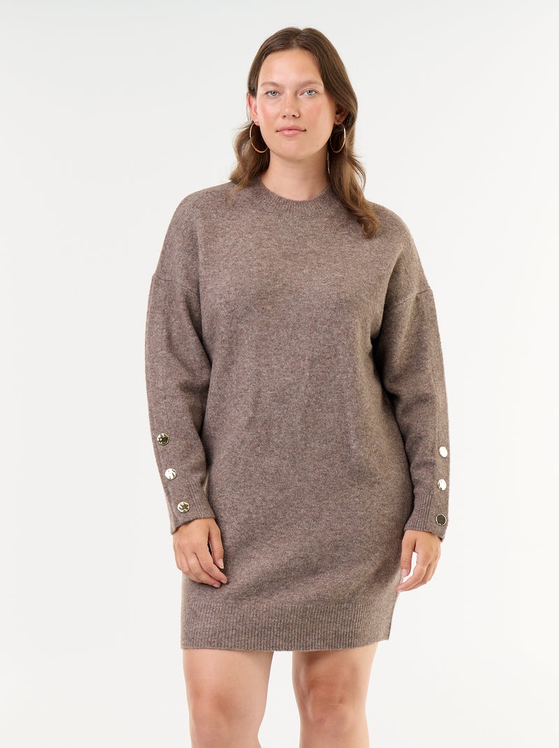 Vestido de malha com mangas abotoadas Castanho - Kiabi