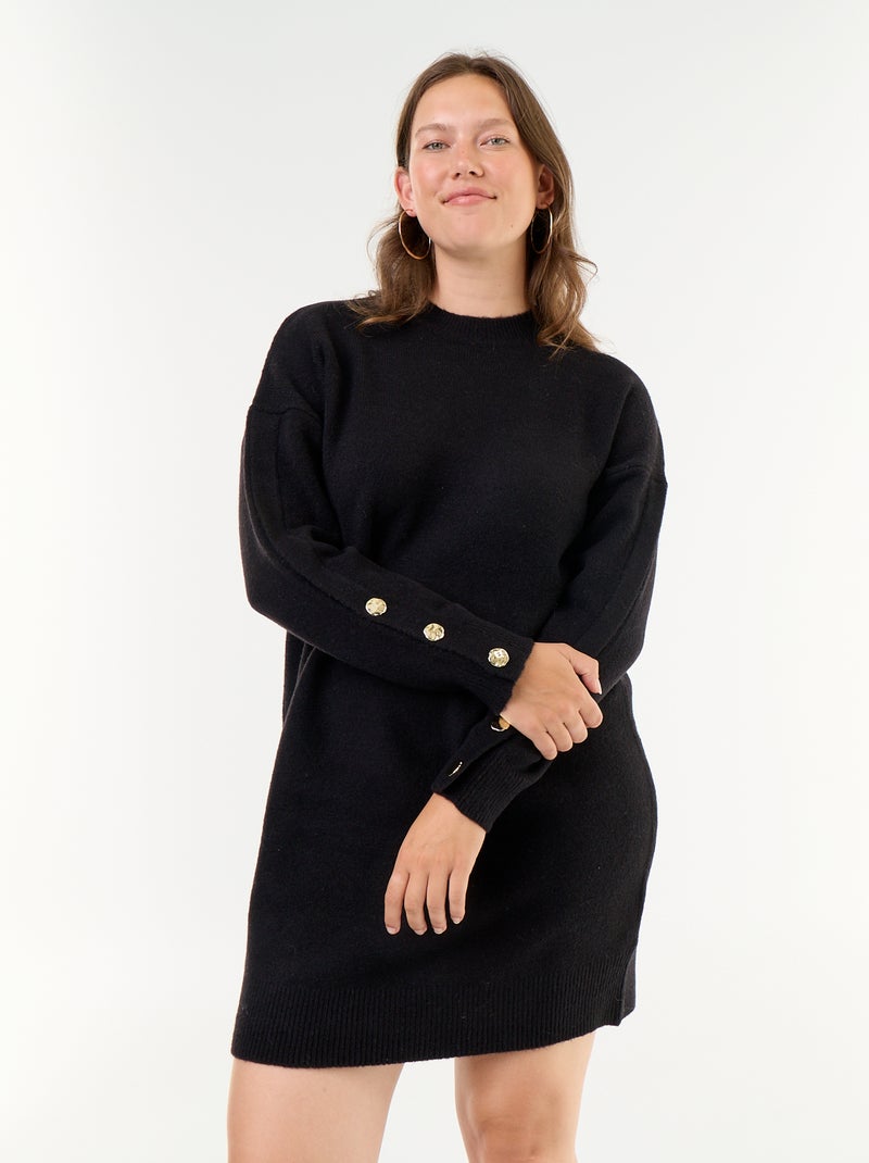 Vestido de malha com mangas abotoadas Preto - Kiabi