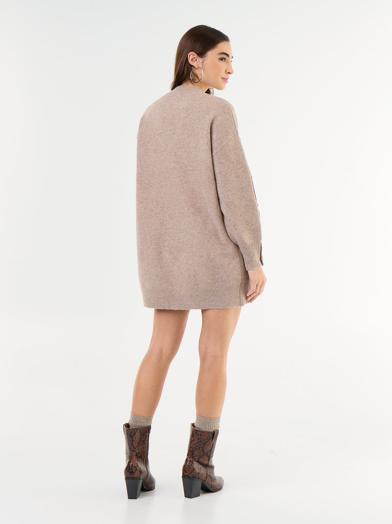 Vestido de malha curto com mangas abotoadas Bege - Kiabi