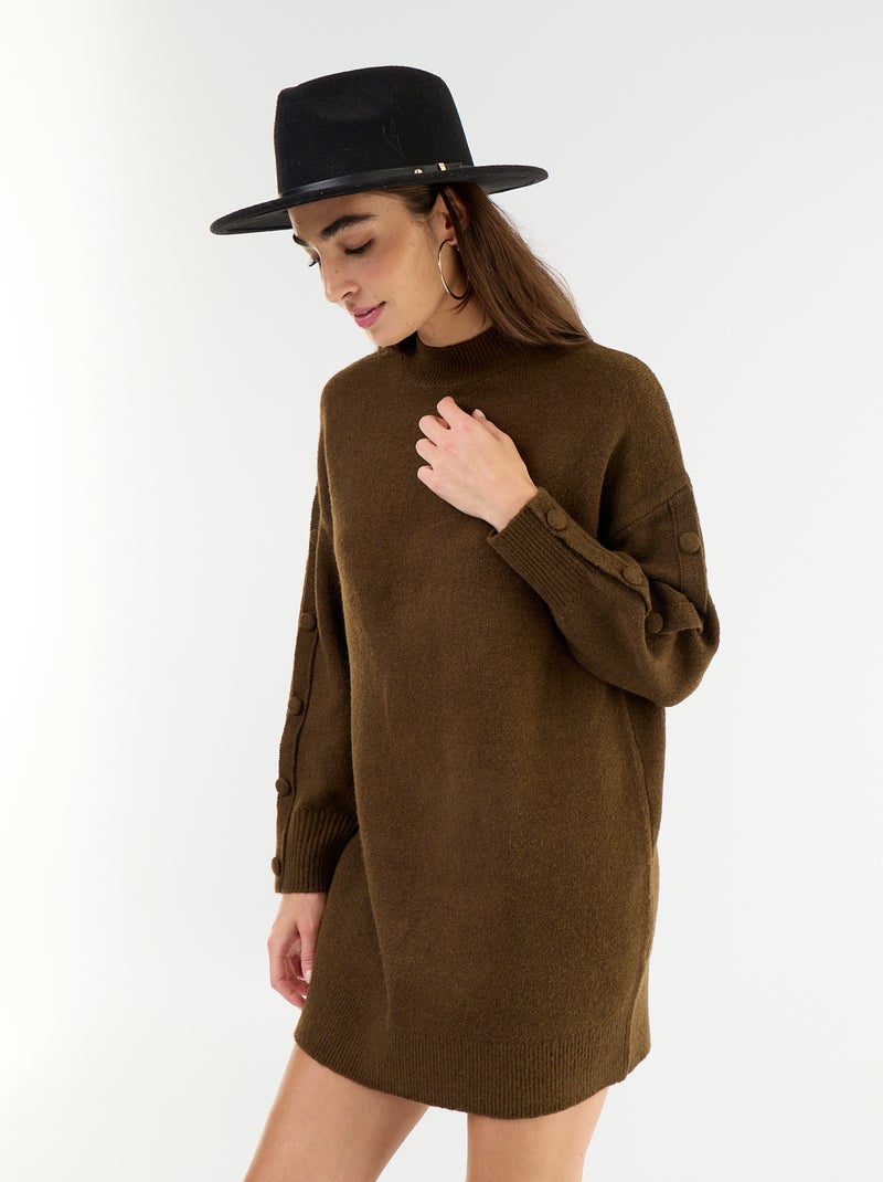 Vestido de malha curto com mangas abotoadas Castanho - Kiabi