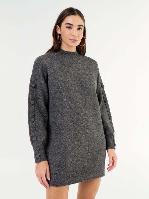 Vestido de malha curto com mangas abotoadas - Kiabi