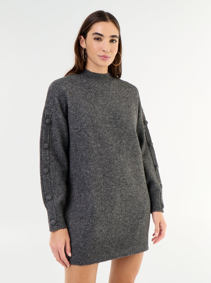 Vestido de malha curto com mangas abotoadas Cinza - Kiabi