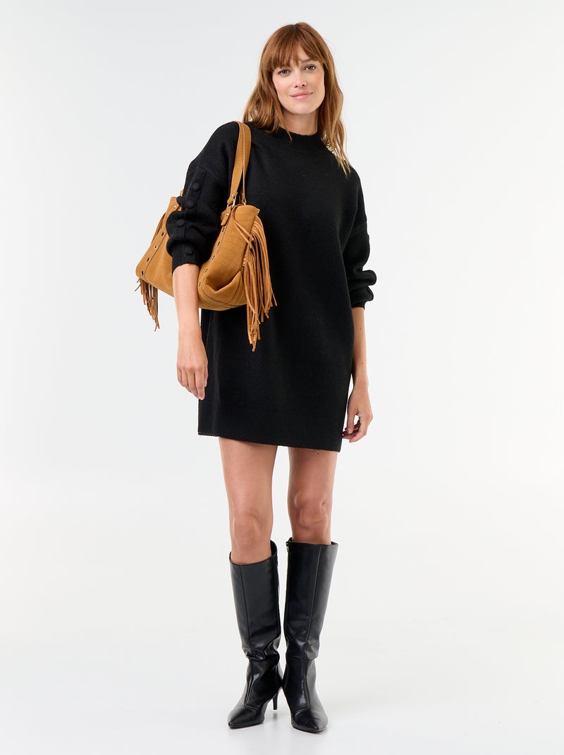 Vestido de malha curto com mangas abotoadas Preto - Kiabi