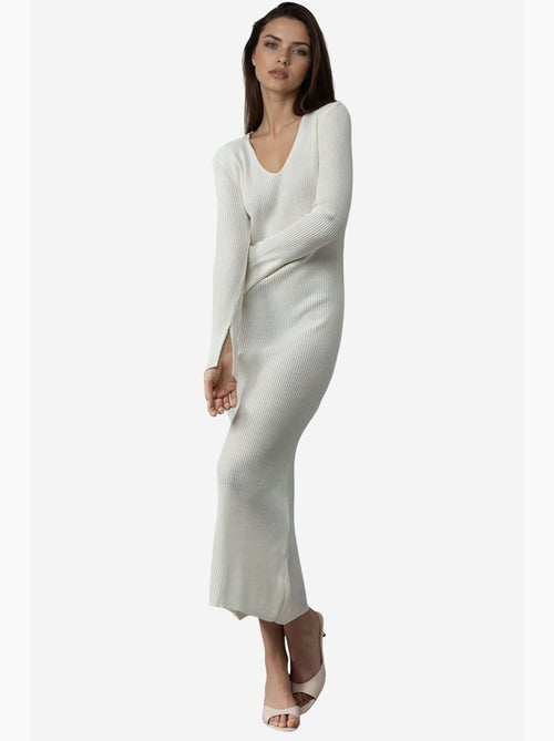 Vestido de malha maxi texturizado com decote em v e abertura my fashion - Kiabi