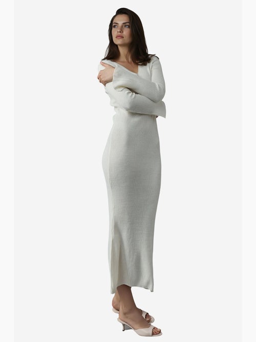 Vestido de malha maxi texturizado com decote em v e abertura my fashion - Kiabi