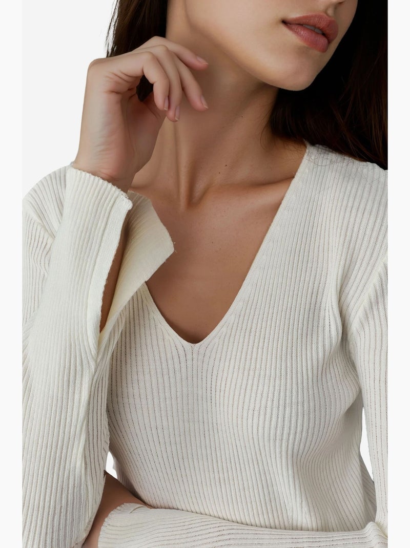 Vestido de malha maxi texturizado com decote em v e abertura my fashion Branco sujo - Kiabi