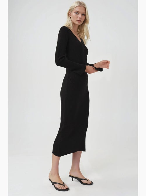 Vestido de malha maxi texturizado com decote em v e abertura my fashion - Kiabi