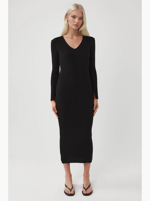 Vestido de malha maxi texturizado com decote em v e abertura my fashion - Kiabi