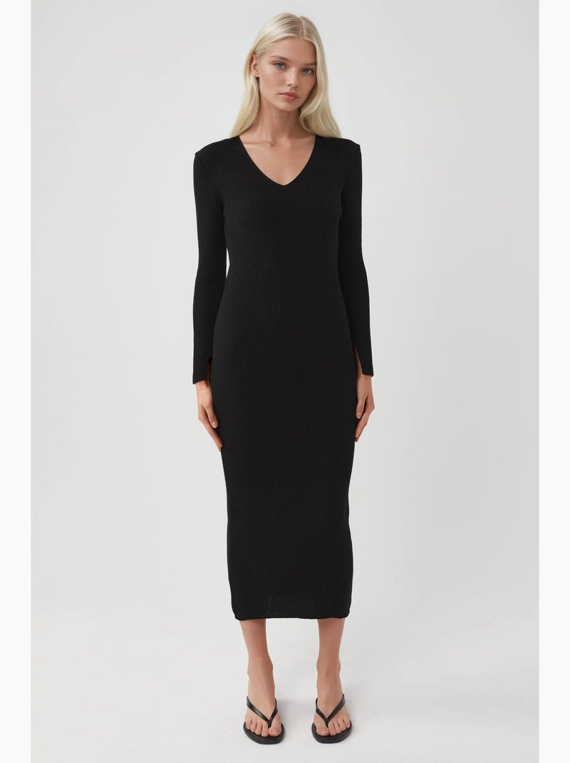 Vestido de malha maxi texturizado com decote em v e abertura my fashion Preto - Kiabi