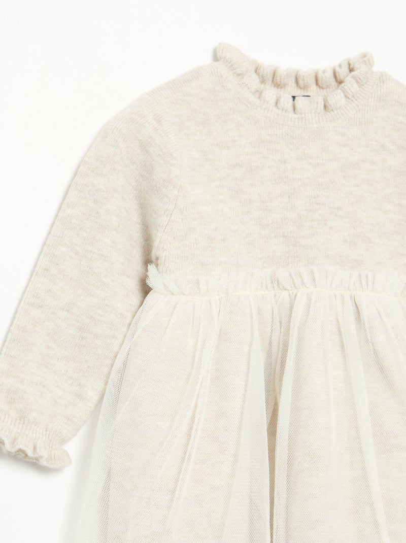 Vestido de manga comprida de malha e tule Bege - Kiabi