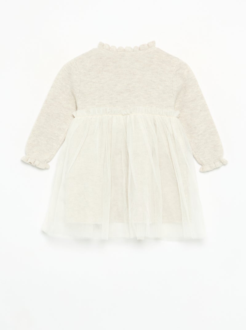 Vestido de manga comprida de malha e tule Bege - Kiabi