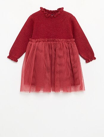 Vestido de manga comprida de malha e tule