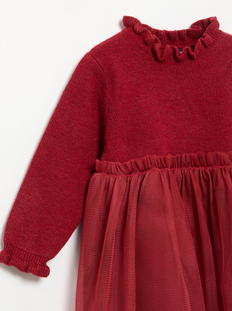 Vestido de manga comprida de malha e tule Vermelho - Kiabi