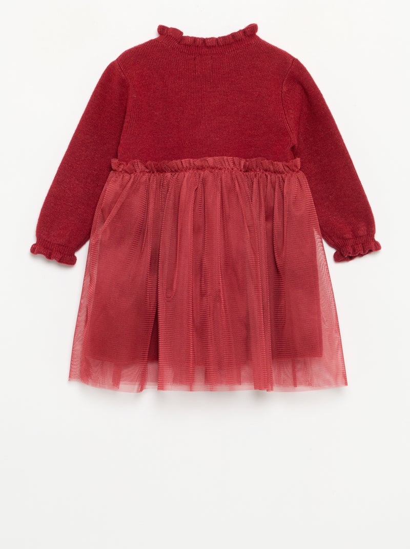 Vestido de manga comprida de malha e tule Vermelho - Kiabi