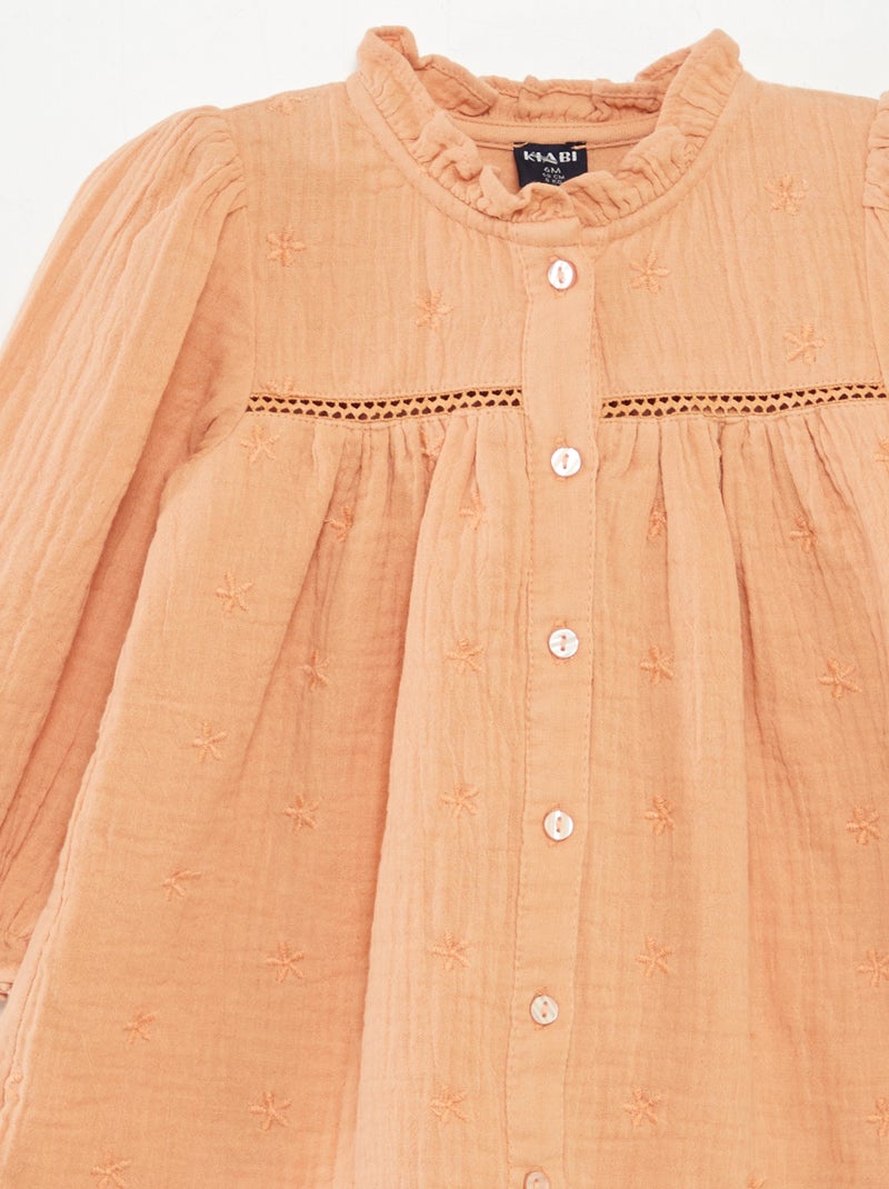 Vestido de manga comprida em gaze de algodão BEGE - Kiabi