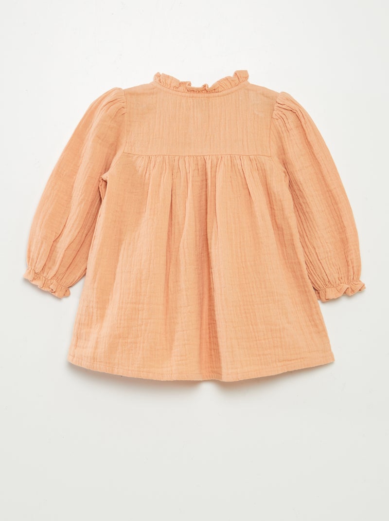 Vestido de manga comprida em gaze de algodão BEGE - Kiabi