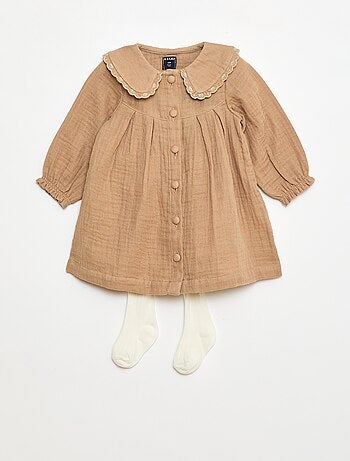 Vestido de manga comprida em gaze de algodão