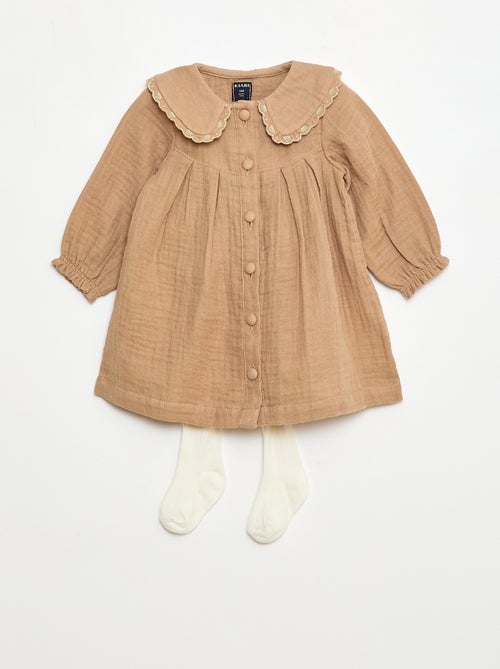 Vestido de manga comprida em gaze de algodão - Kiabi