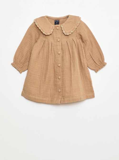 Vestido de manga comprida em gaze de algodão - Kiabi