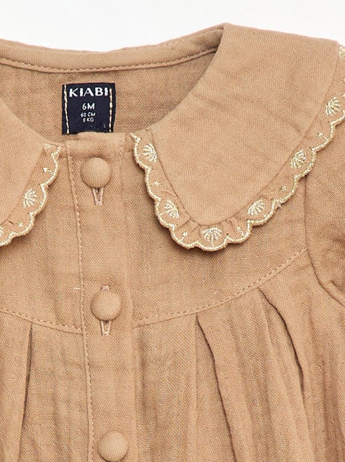 Vestido de manga comprida em gaze de algodão - Kiabi