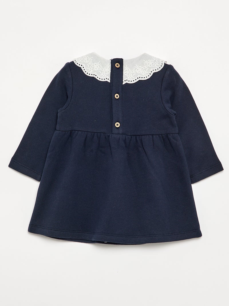 Vestido de manga comprida em moletão com gola bordada Azul - Kiabi