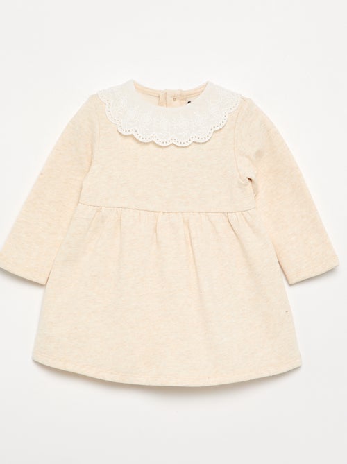 Vestido de manga comprida em moletão com gola bordada - Kiabi