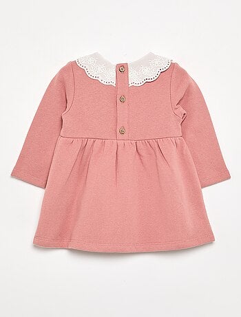 Vestido de manga comprida em moletão com gola bordada