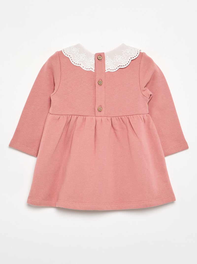 Vestido de manga comprida em moletão com gola bordada Rosa - Kiabi