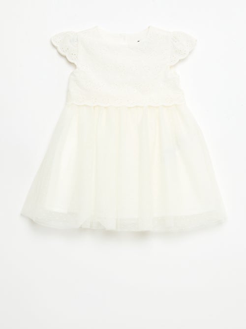 Vestido de manga curta com bordado inglês e tule - Kiabi