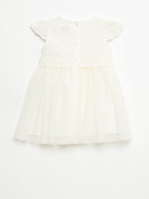 Vestido de manga curta com bordado inglês e tule - Kiabi