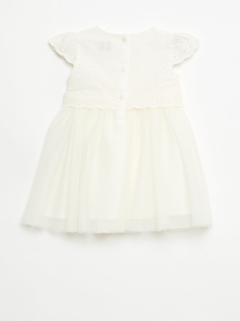 Vestido de manga curta com bordado inglês e tule Branco - Kiabi
