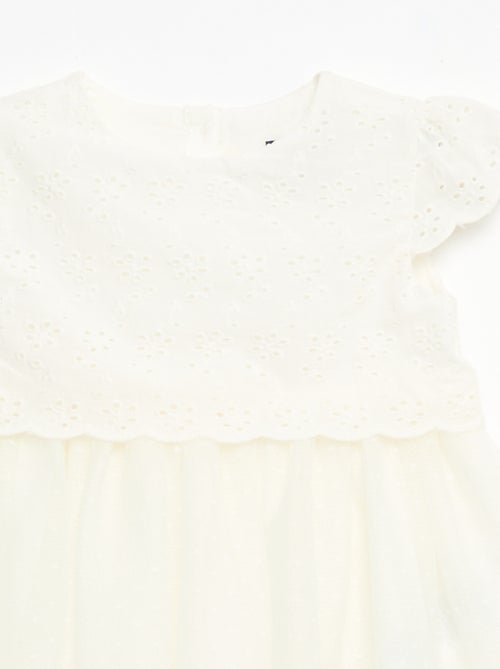Vestido de manga curta com bordado inglês e tule - Kiabi