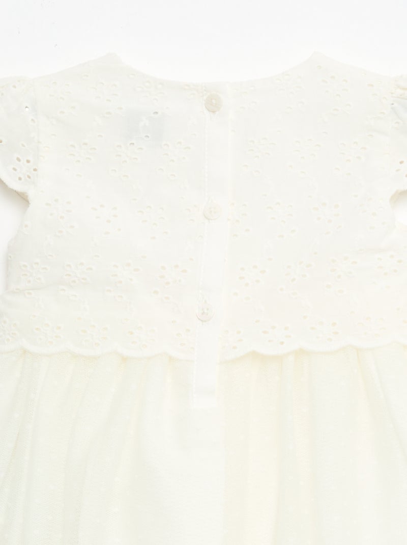 Vestido de manga curta com bordado inglês e tule Branco - Kiabi