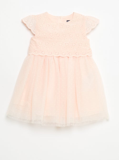 Vestido de manga curta com bordado inglês e tule - Kiabi