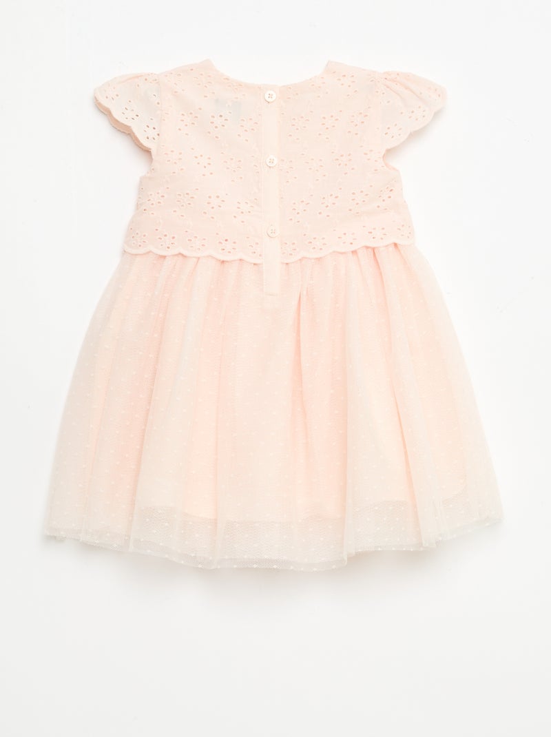 Vestido de manga curta com bordado inglês e tule Rosa - Kiabi