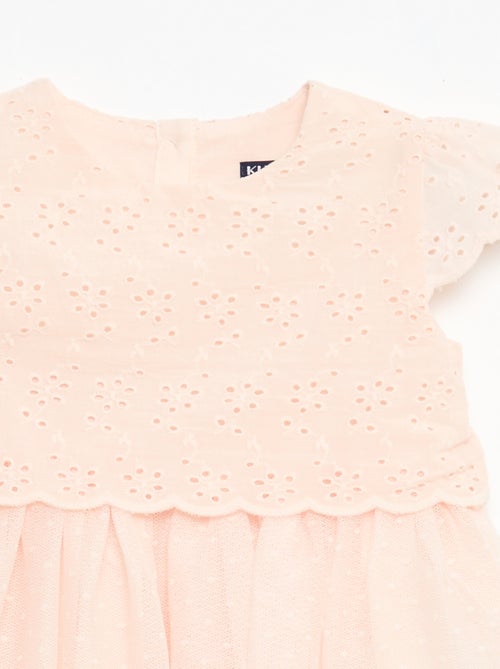 Vestido de manga curta com bordado inglês e tule - Kiabi