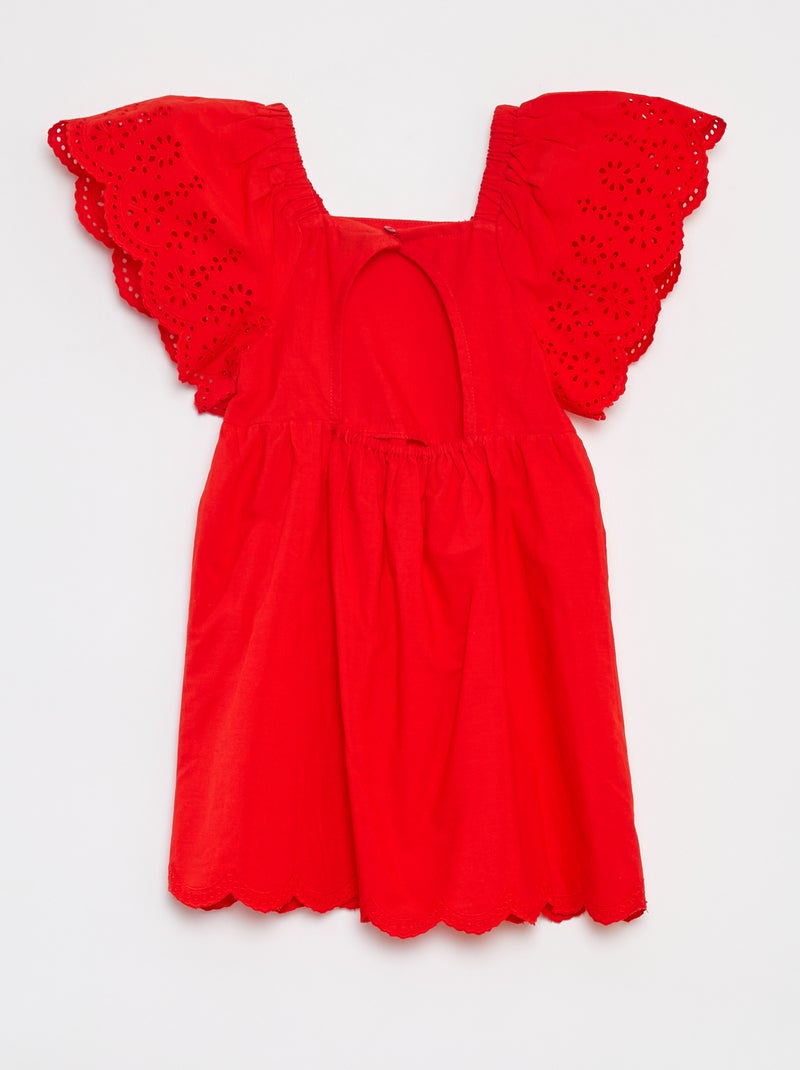 Vestido de manga curta com bordado inglês Vermelho - Kiabi