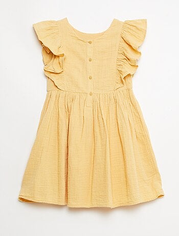 Vestido de manga curta com bordados na gola em algodão