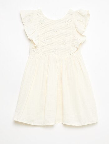 Vestido de manga curta com bordados na gola em algodão