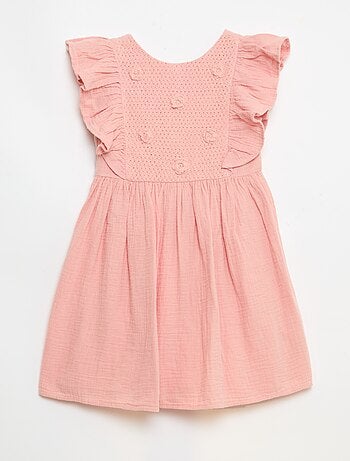 Vestido de manga curta com bordados na gola em algodão