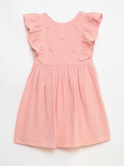 Vestido de manga curta com bordados na gola em algodão - Kiabi