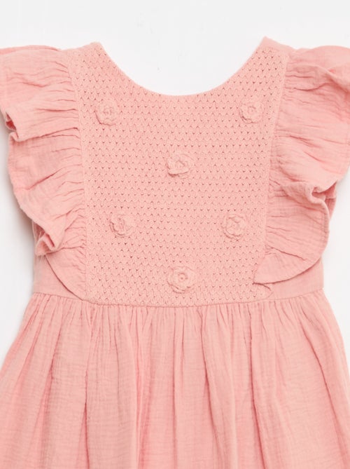 Vestido de manga curta com bordados na gola em algodão - Kiabi