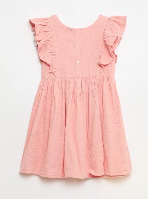 Vestido de manga curta com bordados na gola em algodão - Kiabi